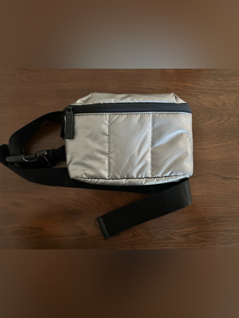 Calpak Silver and Black Puffer Belt Bag